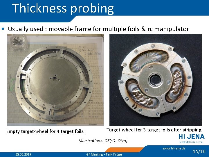 Thickness probing § Usually used : movable frame for multiple foils & rc manipulator