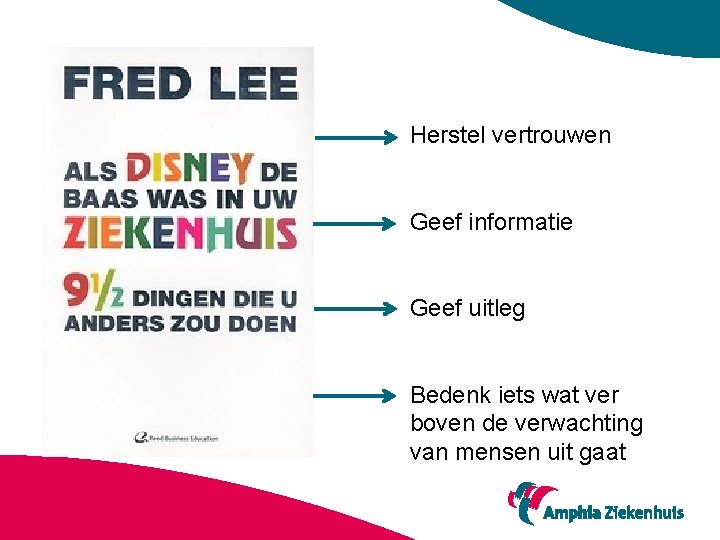 Herstel vertrouwen Geef informatie Geef uitleg Bedenk iets wat ver boven de verwachting van