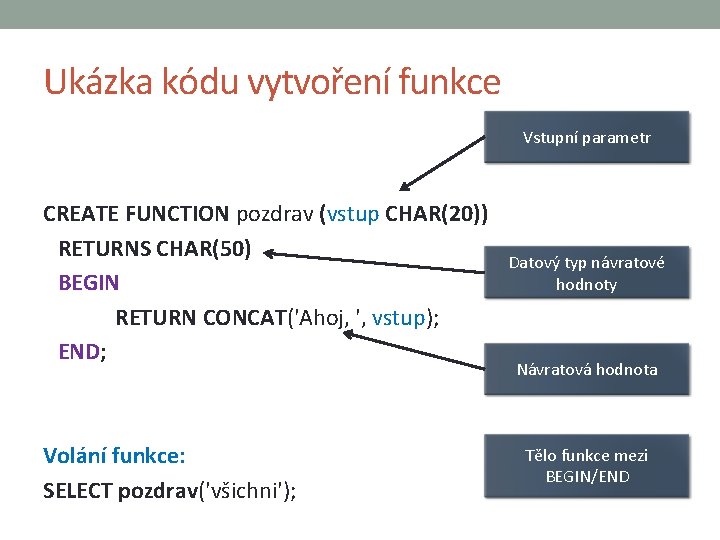 Ukázka kódu vytvoření funkce Vstupní parametr CREATE FUNCTION pozdrav (vstup CHAR(20)) RETURNS CHAR(50) BEGIN