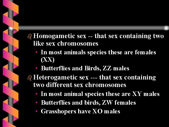 b Homogametic sex -- that sex containing two like sex chromosomes • In most