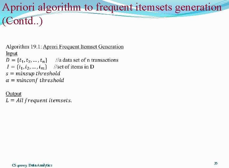 Apriori algorithm to frequent itemsets generation (Contd. . ) CS 40003: Data Analytics 35