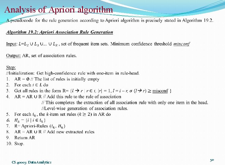 Analysis of Apriori algorithm CS 40003: Data Analytics 50 