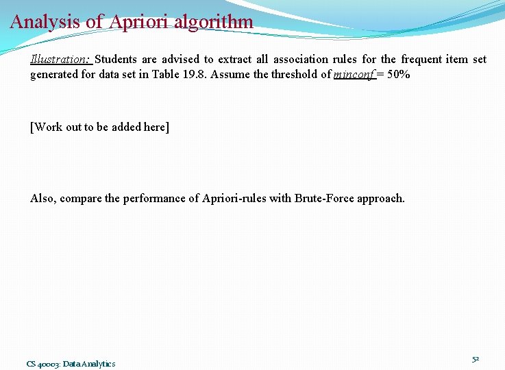 Analysis of Apriori algorithm Illustration: Students are advised to extract all association rules for