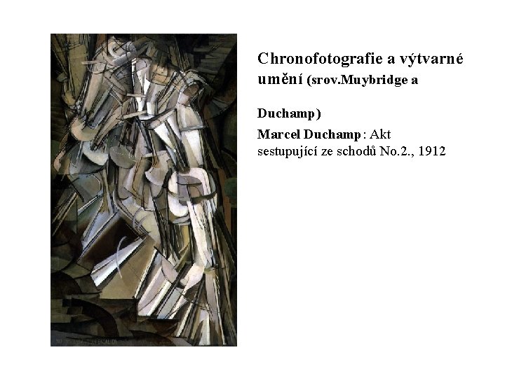 Chronofotografie a výtvarné umění (srov. Muybridge a Duchamp) Marcel Duchamp: Akt sestupující ze schodů