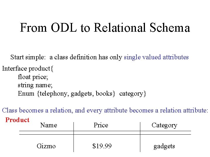 From ODL to Relational Schema Start simple: a class definition has only single valued