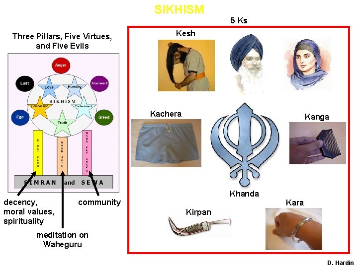 SIKHISM Three Pillars, Five Virtues, and Five Evils 5 Ks Kesh Kachera decency, moral