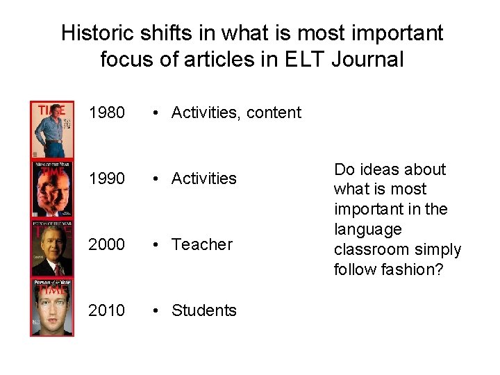 Historic shifts in what is most important focus of articles in ELT Journal • Historic shifts in what is most important focus of articles in ELT Journal •