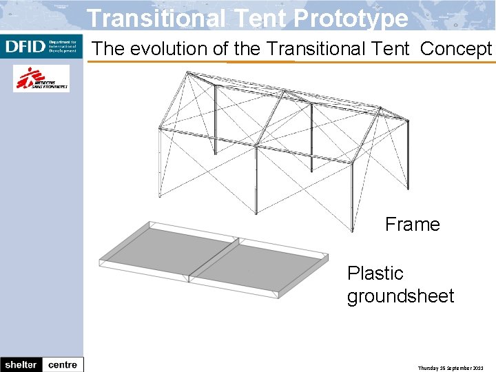 Transitional Tent Prototype The evolution of the Transitional Tent Concept Frame Plastic groundsheet Thursday