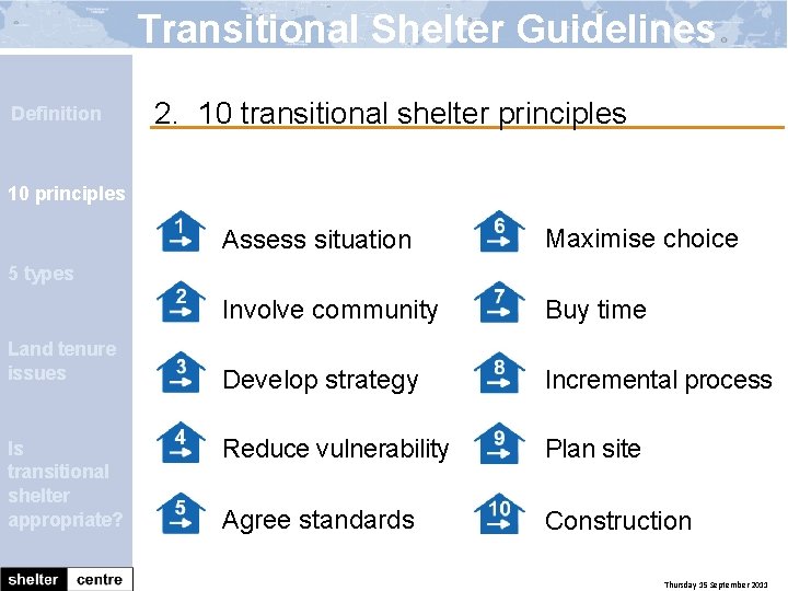 Transitional Shelter Guidelines Definition 2. 10 transitional shelter principles 10 principles Assess situation Maximise