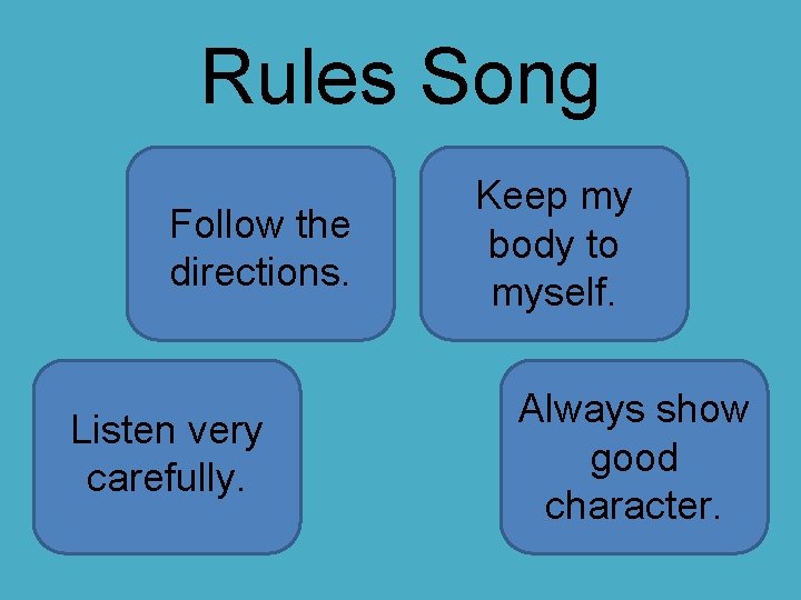 Rules Song Follow the directions. Listen very carefully. Keep my body to myself. Always