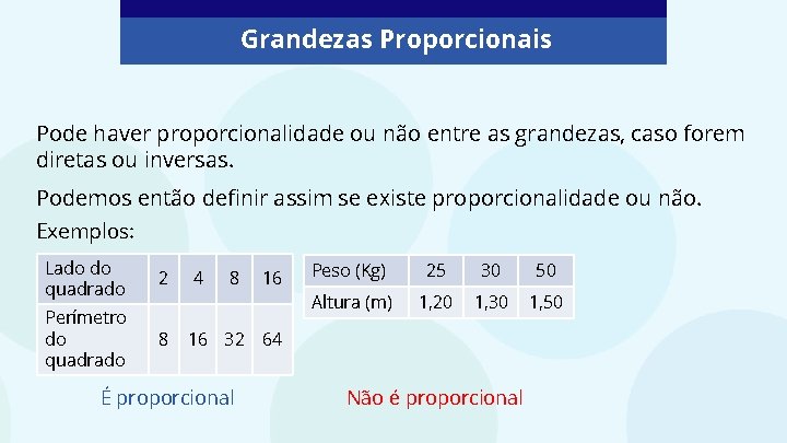 Grandezas Proporcionais Pode haver proporcionalidade ou não entre as grandezas, caso forem diretas ou