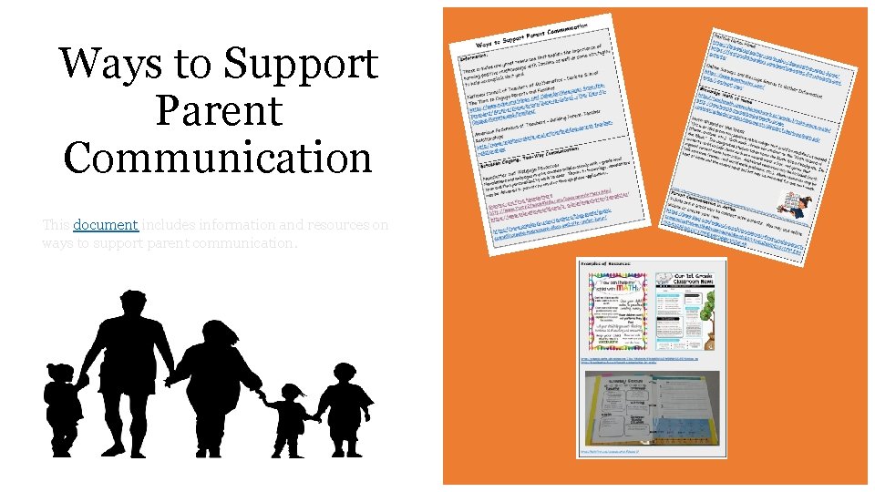 Ways to Support Parent Communication This document includes information and resources on ways to
