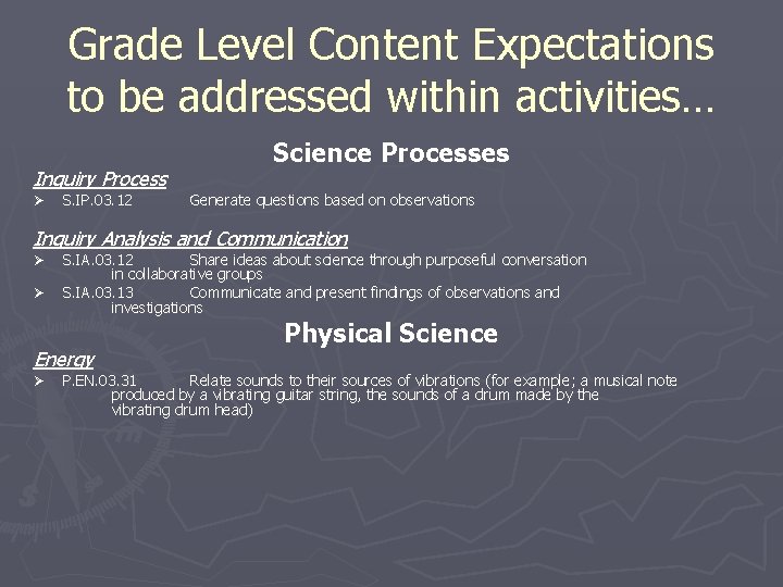 Grade Level Content Expectations to be addressed within activities… Inquiry Process Ø S. IP.