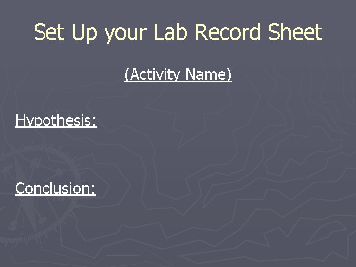 Set Up your Lab Record Sheet (Activity Name) Hypothesis: Conclusion: 