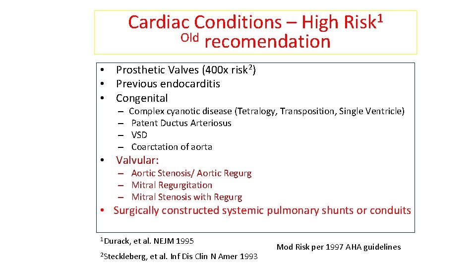 Cardiac Conditions – High Risk 1 Old recomendation • Prosthetic Valves (400 x risk