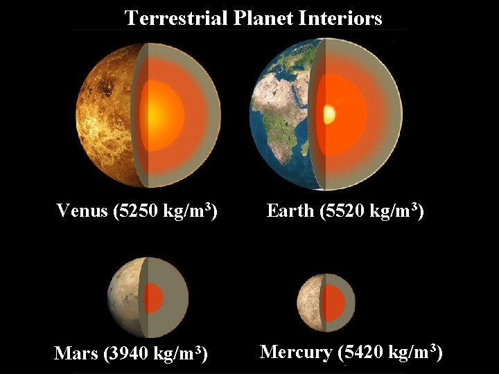 Terrestrial Planet Interiors Venus (5250 kg/m 3) Mars (3940 kg/m 3) Earth (5520 kg/m