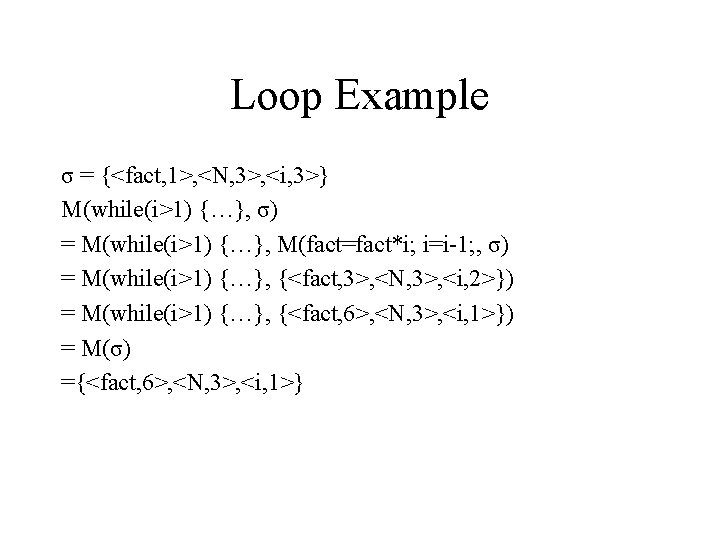 Loop Example σ = {<fact, 1>, <N, 3>, <i, 3>} M(while(i>1) {…}, σ) =