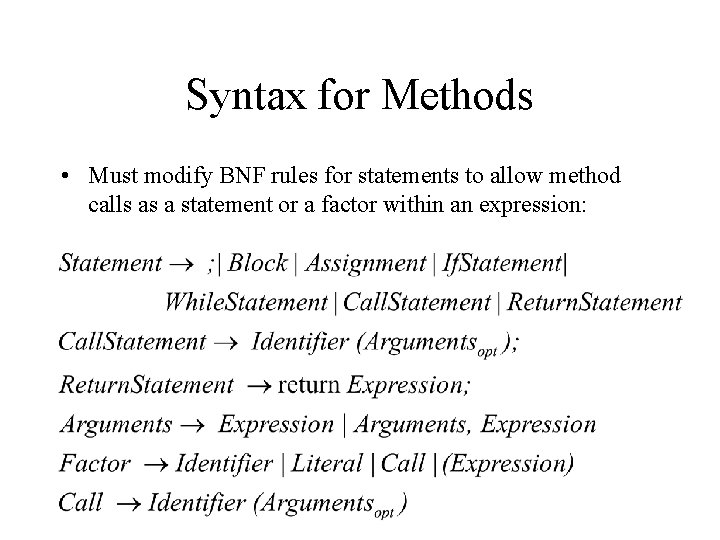 Syntax for Methods • Must modify BNF rules for statements to allow method calls