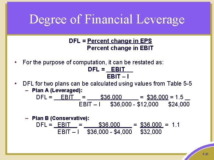 Degree of Financial Leverage DFL = Percent change in EPS Percent change in EBIT