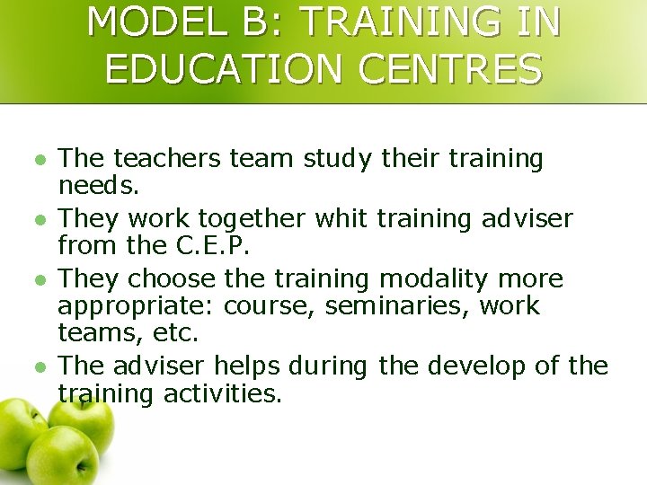 MODEL B: TRAINING IN EDUCATION CENTRES l l The teachers team study their training