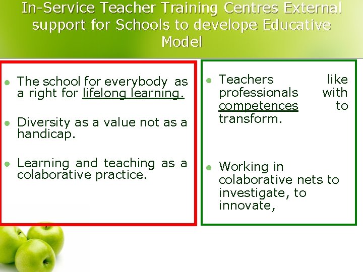 In-Service Teacher Training Centres External support for Schools to develope Educative Model l The