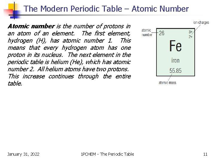 The Modern Periodic Table – Atomic Number Atomic number is the number of protons The Modern Periodic Table – Atomic Number Atomic number is the number of protons