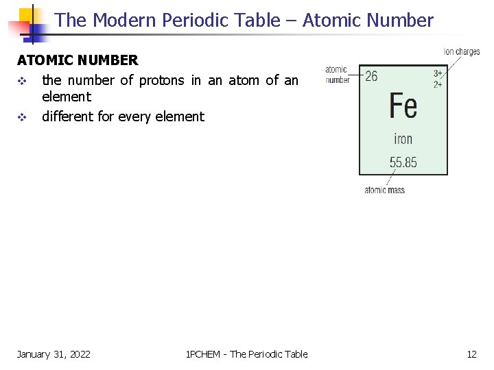 The Modern Periodic Table – Atomic Number ATOMIC NUMBER v the number of protons The Modern Periodic Table – Atomic Number ATOMIC NUMBER v the number of protons