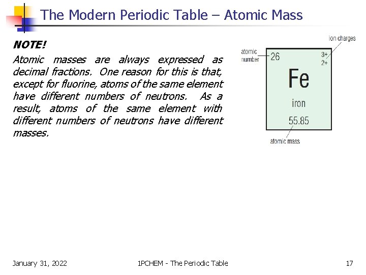 The Modern Periodic Table – Atomic Mass NOTE! Atomic masses are always expressed as The Modern Periodic Table – Atomic Mass NOTE! Atomic masses are always expressed as