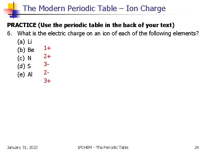 The Modern Periodic Table – Ion Charge PRACTICE (Use the periodic table in the The Modern Periodic Table – Ion Charge PRACTICE (Use the periodic table in the