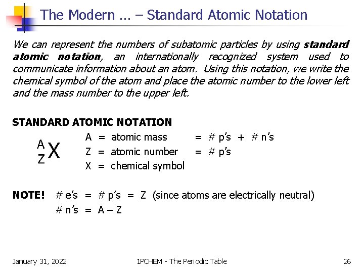 The Modern … – Standard Atomic Notation We can represent the numbers of subatomic The Modern … – Standard Atomic Notation We can represent the numbers of subatomic
