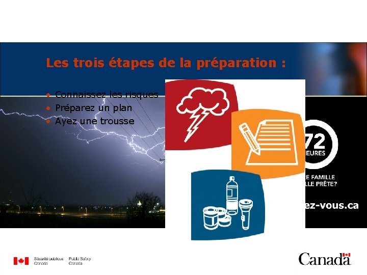 Les trois étapes de la préparation : • Connaissez les risques • Préparez un