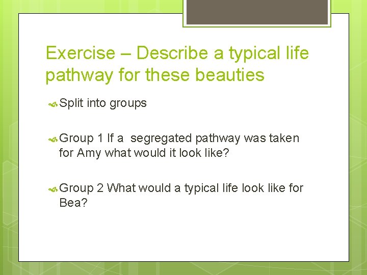Exercise – Describe a typical life pathway for these beauties Split into groups Group Exercise – Describe a typical life pathway for these beauties Split into groups Group