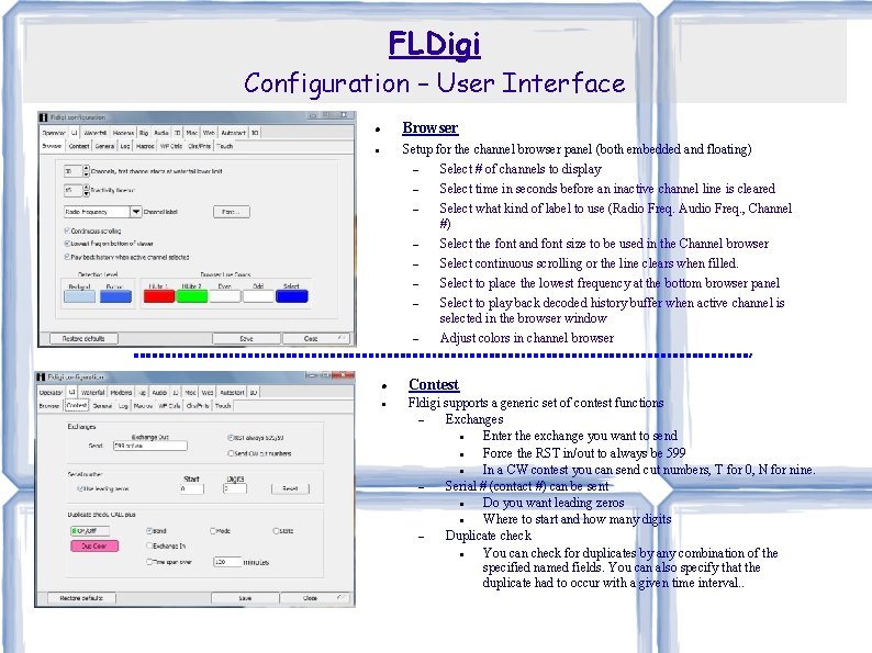 FLDigi Configuration – User Interface Browser Setup for the channel browser panel (both embedded