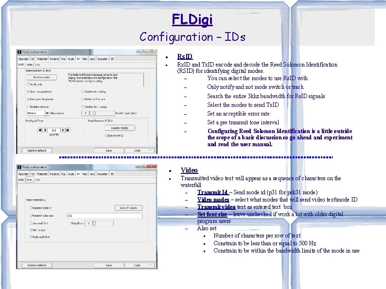 FLDigi Configuration – IDs Rs. ID Rx. ID and Tx. ID encode and decode