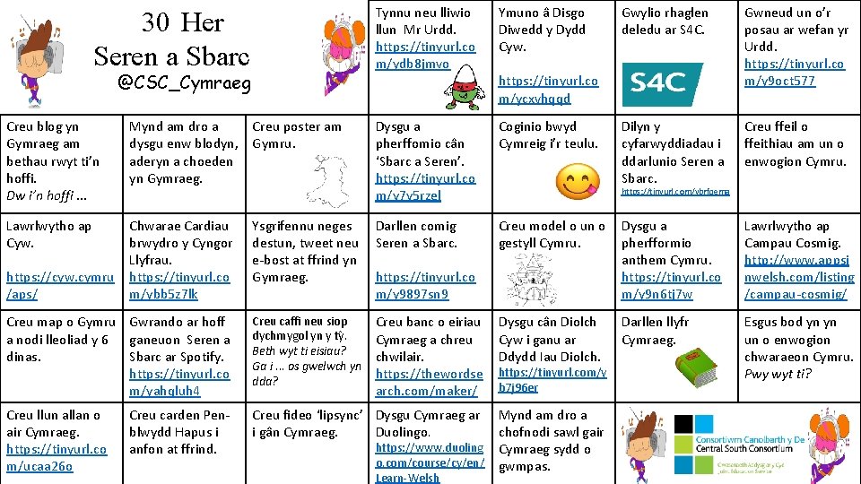 30 Her Seren a Sbarc @CSC_Cymraeg Tynnu neu lliwio llun Mr Urdd. https: //tinyurl.