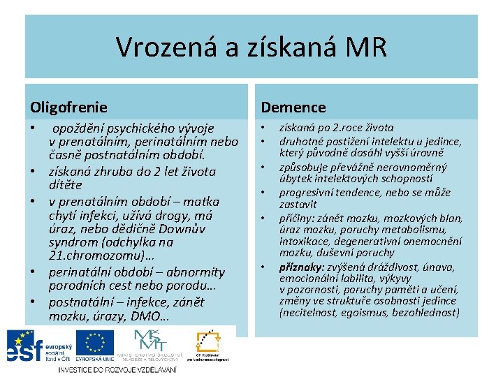 Vrozená a získaná MR Oligofrenie • • • opoždění psychického vývoje v prenatálním, perinatálním