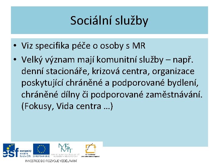 Sociální služby • Viz specifika péče o osoby s MR • Velký význam mají