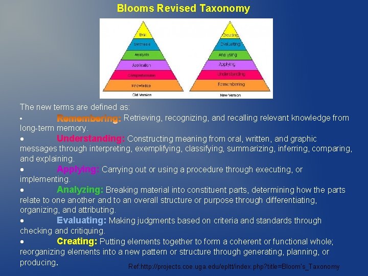 Blooms Revised Taxonomy The new terms are defined as: · Retrieving, recognizing, and recalling