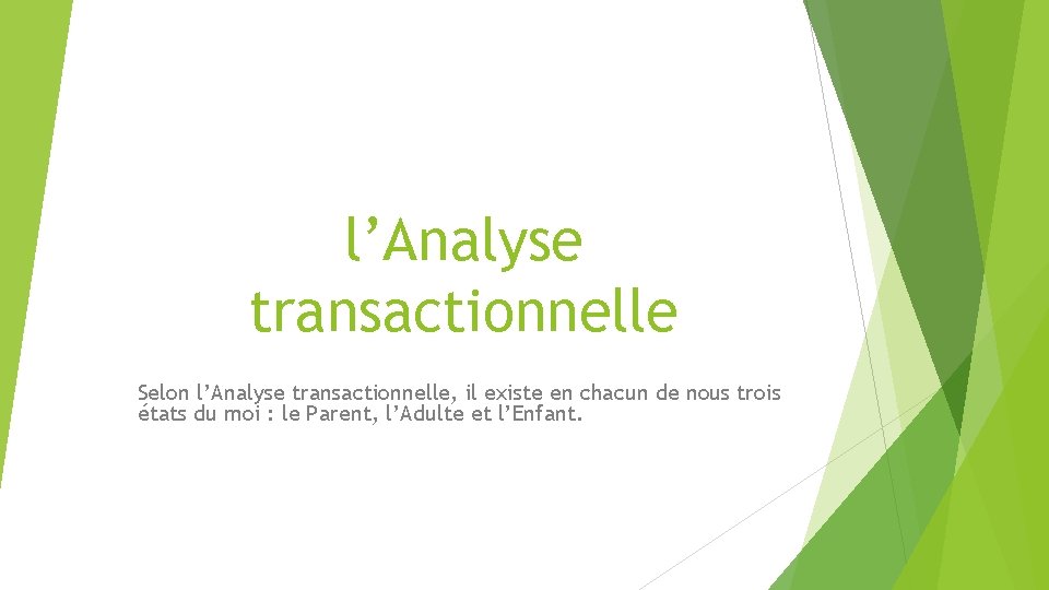 l’Analyse transactionnelle Selon l’Analyse transactionnelle, il existe en chacun de nous trois états du
