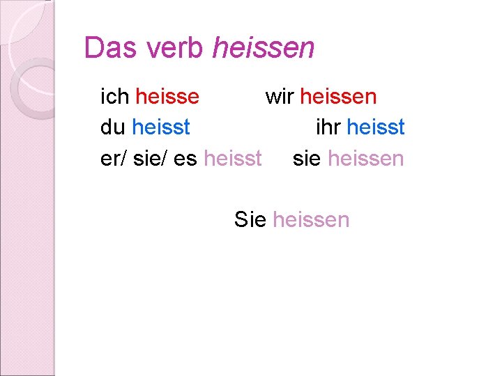 Das verb heissen ich heisse wir heissen du heisst ihr heisst er/ sie/ es