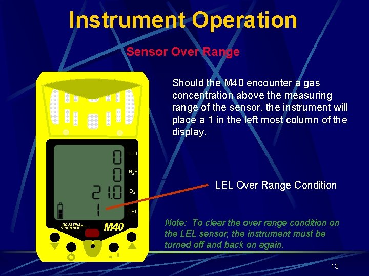 Instrument Operation Sensor Over Range Should the M 40 encounter a gas concentration above