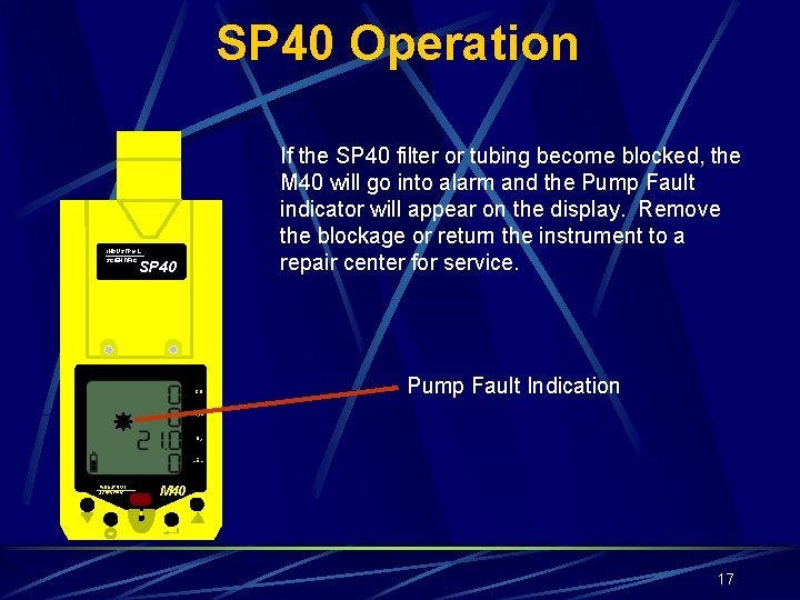 SP 40 Operation If the SP 40 filter or tubing become blocked, the M