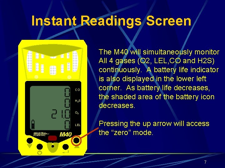 Instant Readings Screen CO H 2 S The M 40 will simultaneously monitor All