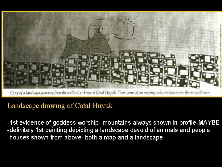 Landscape drawing of Catal Huyuk -1 st evidence of goddess worship- mountains always shown
