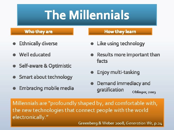 Oblinger, 2003 Millennials are "profoundly shaped by, and comfortable with, the new technologies that