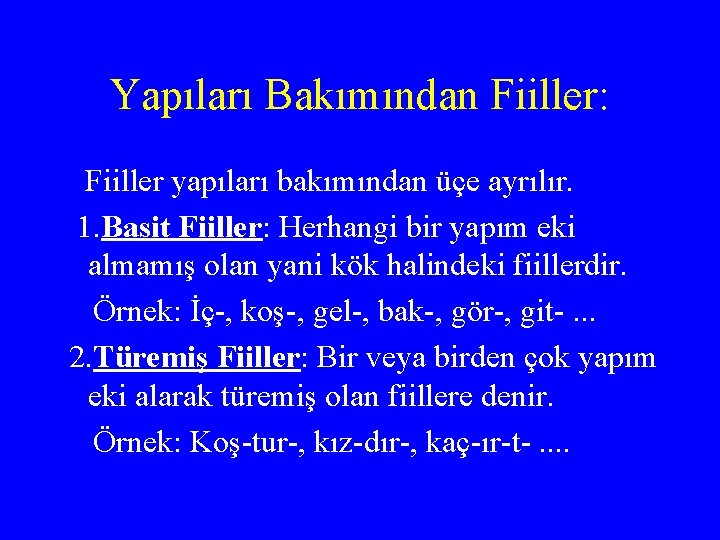 Yapıları Bakımından Fiiller: Fiiller yapıları bakımından üçe ayrılır. 1. Basit Fiiller: Herhangi bir yapım