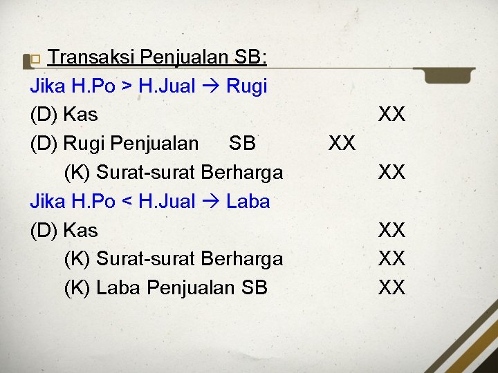 Transaksi Penjualan SB: Jika H. Po > H. Jual Rugi (D) Kas (D) Rugi