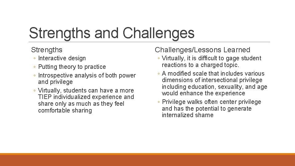 Strengths and Challenges Strengths ◦ Interactive design ◦ Putting theory to practice ◦ Introspective Strengths and Challenges Strengths ◦ Interactive design ◦ Putting theory to practice ◦ Introspective