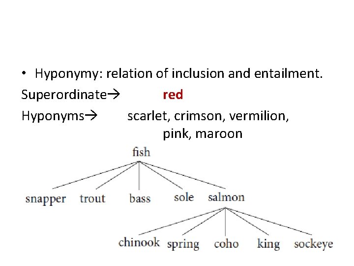  • Hyponymy: relation of inclusion and entailment. Superordinate red Hyponyms scarlet, crimson, vermilion,