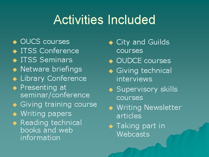 Activities Included u u u u u OUCS courses ITSS Conference ITSS Seminars Netware